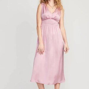 NWT Old Navy Plunge Front Satin‎ Midi Dress Goddess Party Wedding Event Blush XL